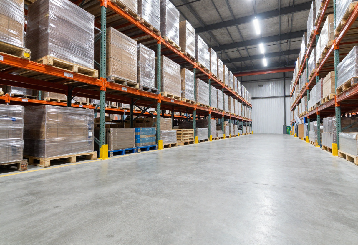 warehouse interior with pristine grey concrete overlay floor system 