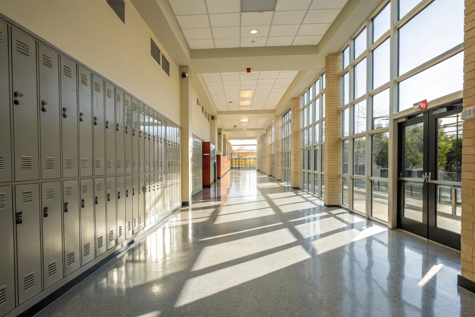 school hallway with clean grey epoxy flooring, sunlight streaming through windows, rows of lockers along the walls
