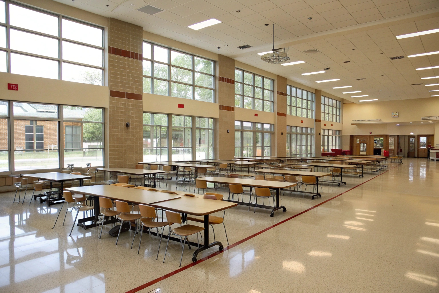school cafeteria with light-coloured epoxy floor surface, lunch tables and chairs arranged neatly, large windows providing natural light