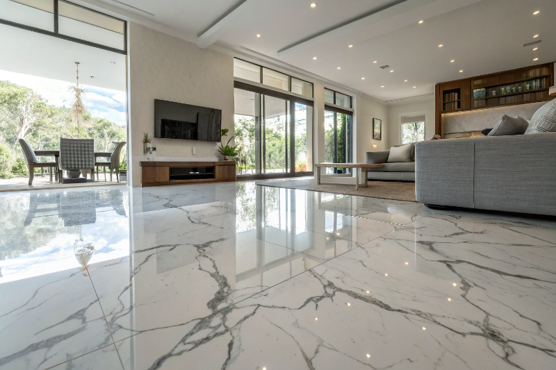 Carrara marble effect epoxy flooring in modern Newcastle living room with grey veining