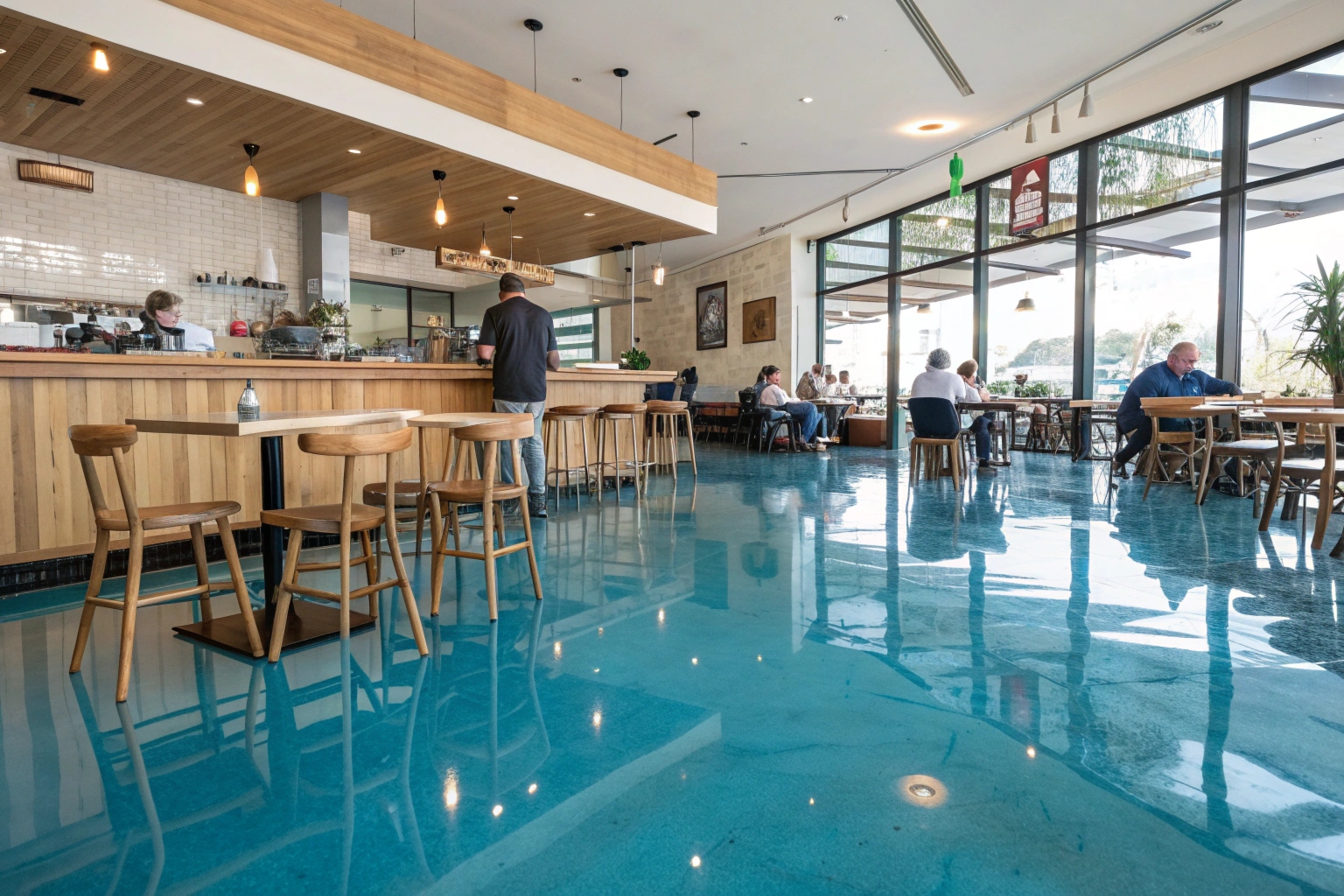Australian café interior with ocean blue metallic epoxy floor, natural light, timber furniture, coastal design aesthetic, customers enjoying space