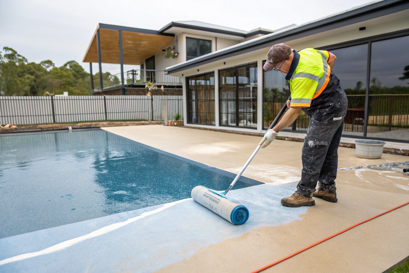 Professional installer applying epoxy coating system to pool deck during Newcastle residential installation
