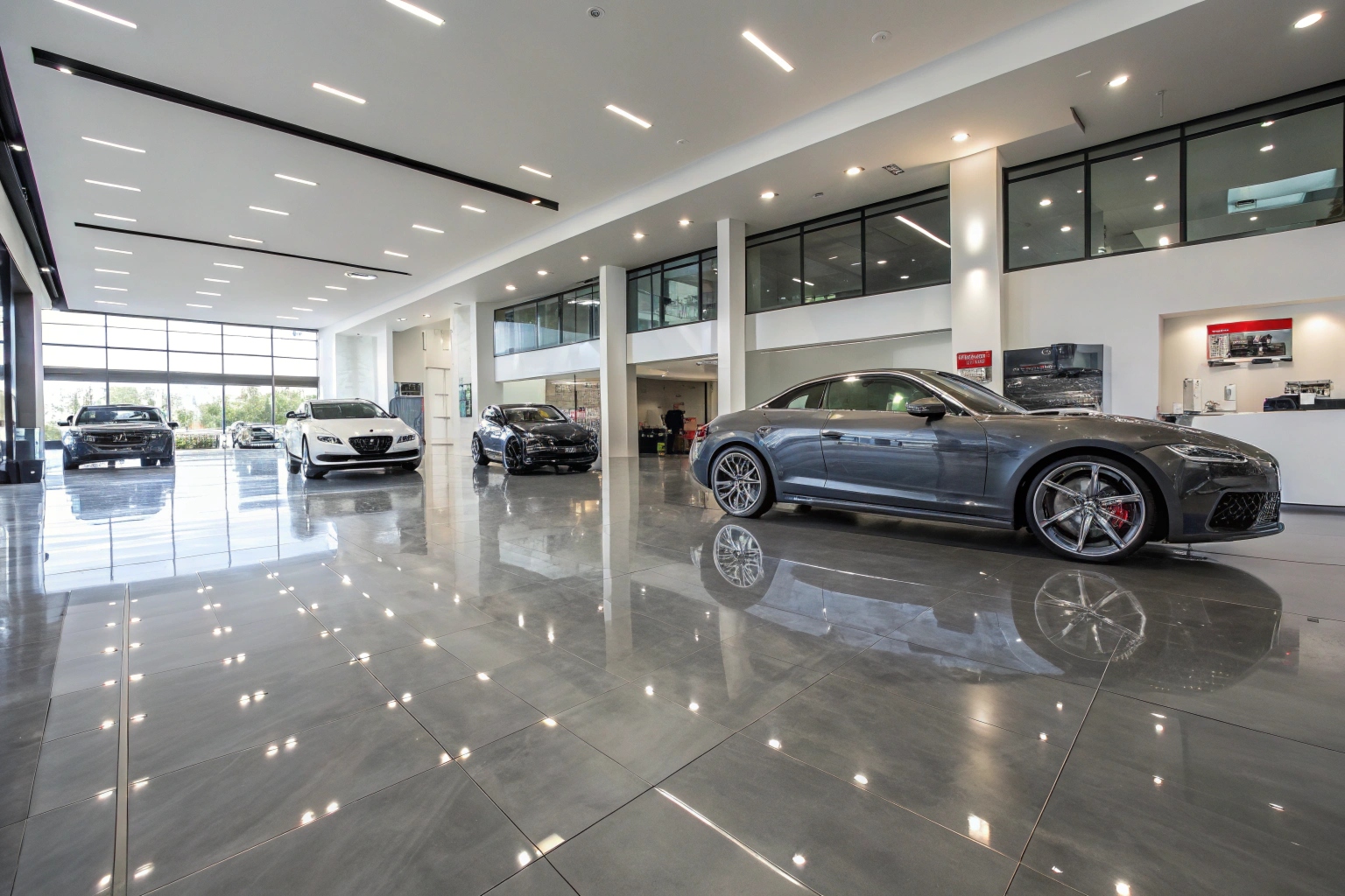 retail showroom interior with pewter grey metallic epoxy floor, modern product displays, bright lighting highlighting floor's reflective properties, Australian commercial space