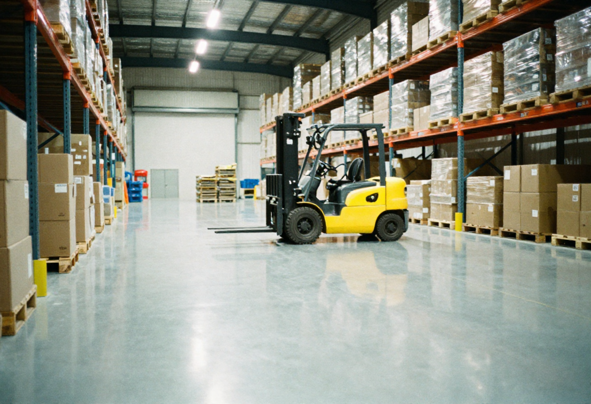 warehouse interior with glossy grey epoxy flooring 